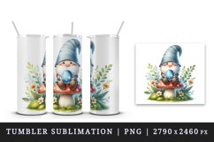 Watercolor cute gnome sitting atop mushroom holding sparkly Easter egg print 20oz tumbler skinny mug wrap clipart t-shirt sublimation printable design