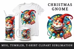 Watercolor cute gnome tangled in lights Merry Christmas greeting quote print 20oz tumbler skinny mug wrap clipart t-shirt sublimation printable design