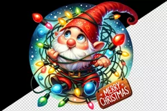 Watercolor cute gnome tangled in lights Merry Christmas greeting quote print 20oz tumbler skinny mug wrap clipart t-shirt sublimation printable design