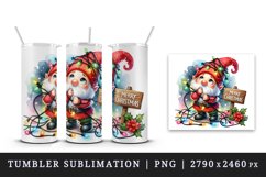 Watercolor cute gnome tangled in lights Merry Christmas greeting quote print 20oz tumbler skinny mug wrap clipart t-shirt sublimation printable design