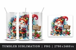 Watercolor cute gnome tangled in lights Merry Christmas greeting quote print 20oz tumbler skinny mug wrap clipart t-shirt sublimation printable design