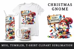 Watercolor cute gnome tangled in lights Merry Christmas greeting quote print 20oz tumbler skinny mug wrap clipart t-shirt sublimation printable design