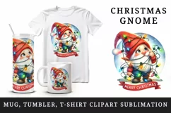 Watercolor cute gnome tangled in lights Merry Christmas greeting quote print 20oz tumbler skinny mug wrap clipart t-shirt sublimation printable design