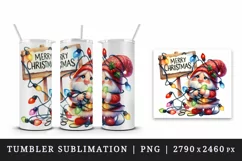Watercolor cute gnome tangled in lights Merry Christmas greeting quote print 20oz tumbler skinny mug wrap clipart t-shirt sublimation printable design