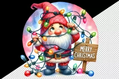 Watercolor cute gnome tangled in lights Merry Christmas greeting quote print 20oz tumbler skinny mug wrap clipart t-shirt sublimation printable design