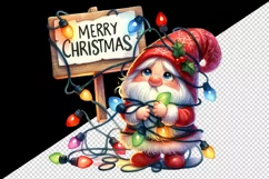 Watercolor cute gnome tangled in lights Merry Christmas greeting quote print 20oz tumbler skinny mug wrap clipart t-shirt sublimation printable design