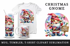 Watercolor cute gnome tangled in lights Merry Christmas greeting quote print 20oz tumbler skinny mug wrap clipart t-shirt sublimation printable design
