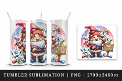 Watercolor cute gnome tangled in lights Merry Christmas greeting quote print 20oz tumbler skinny mug wrap clipart t-shirt sublimation printable design