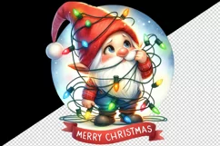 Watercolor cute gnome tangled in lights Merry Christmas greeting quote print 20oz tumbler skinny mug wrap clipart t-shirt sublimation printable design