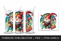Watercolor cute gnome tangled in lights Merry Christmas greeting quote print 20oz tumbler skinny mug wrap clipart t-shirt sublimation printable design