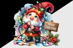 Watercolor cute gnome tangled in lights Merry Christmas greeting quote print 20oz tumbler skinny mug wrap clipart t-shirt sublimation printable design