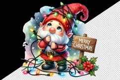Watercolor cute gnome tangled in lights Merry Christmas greeting quote print 20oz tumbler skinny mug wrap clipart t-shirt sublimation printable design