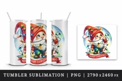 Watercolor cute gnome tangled in lights Merry Christmas greeting quote print 20oz tumbler skinny mug wrap clipart t-shirt sublimation printable design