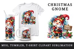 Watercolor cute gnome tangled in lights Merry Christmas greeting quote print 20oz tumbler skinny mug wrap clipart t-shirt sublimation printable design