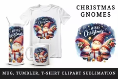 Watercolor cute gnomes gifts under starry sky Merry Christmas quote print 20 oz tumbler skinny mug wrap clipart t-shirt sublimation printable design