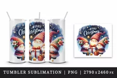 Watercolor cute gnomes gifts under starry sky Merry Christmas quote print 20 oz tumbler skinny mug wrap clipart t-shirt sublimation printable design