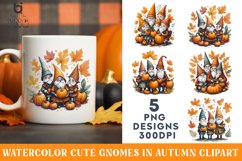 Watercolor Cute Gnomes in Autumn Clipart, Autumn Mug PNG Product Image 1