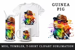 Watercolor cute guinea pig detective cloak and hat animal pet print 20 oz tumbler skinny mug wrap clipart t-shirt sublimation printable design