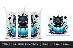 Watercolor cute happy black cat sitting in neon blue pumpkin Halloween print 20oz tumbler skinny mug wrap clipart t-shirt sublimation printable design