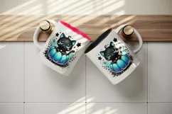 Watercolor cute happy black cat sitting in neon blue pumpkin Halloween print 20oz tumbler skinny mug wrap clipart t-shirt sublimation printable design