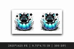 Watercolor cute happy black cat sitting in neon blue pumpkin Halloween print 20oz tumbler skinny mug wrap clipart t-shirt sublimation printable design