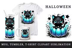 Watercolor cute happy black cat sitting in neon blue pumpkin Halloween print 20oz tumbler skinny mug wrap clipart t-shirt sublimation printable design