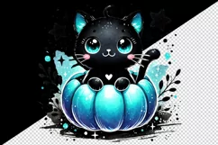 Watercolor cute happy black cat sitting in neon blue pumpkin Halloween print 20oz tumbler skinny mug wrap clipart t-shirt sublimation printable design