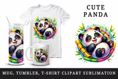 Watercolor cute happy panda rolling playfully colorful bamboo shoots print 20 oz tumbler skinny mug wrap clipart t-shirt sublimation printable design