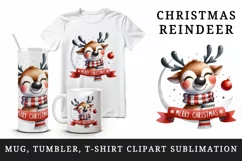 Watercolor cute happy reindeer scarf snowflakes Merry Christmas quote print 20 oz tumbler skinny mug wrap clipart t-shirt sublimation printable design