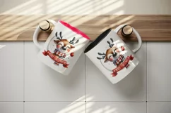 Watercolor cute happy reindeer scarf snowflakes Merry Christmas quote print 20 oz tumbler skinny mug wrap clipart t-shirt sublimation printable design
