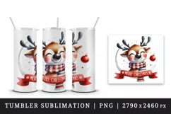 Watercolor cute happy reindeer scarf snowflakes Merry Christmas quote print 20 oz tumbler skinny mug wrap clipart t-shirt sublimation printable design