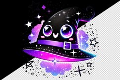 Watercolor cute happy witch hat glowing in neon purple sparkles Halloween print tumbler skinny mug wrap clipart t-shirt sublimation printable design