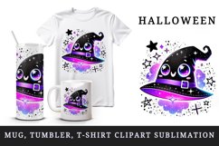 Watercolor cute happy witch hat glowing in neon purple sparkles Halloween print tumbler skinny mug wrap clipart t-shirt sublimation printable design