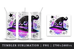 Watercolor cute happy witch hat glowing in neon purple sparkles Halloween print tumbler skinny mug wrap clipart t-shirt sublimation printable design