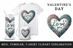 Watercolor cute heart cozy knitted pattern Love You quote Valentine Day print 20 oz tumbler mug wrap clipart t-shirt sublimation printable design