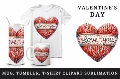 Watercolor cute heart cozy knitted pattern Love You quote Valentine Day print tumbler skinny mug wrap clipart t-shirt sublimation printable design
