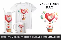 Watercolor cute heart hot air balloon Love You quote Valentine Day print 20 oz tumbler skinny mug wrap clipart t-shirt sublimation printable design