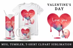Watercolor cute heart painted character Love You quote Valentine Day print 20 oz tumbler skinny mug wrap clipart t-shirt sublimation printable design