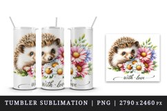 Watercolor cute hedgehog bouquet daisies With Love quote Valentine Day print 20oz tumbler skinny mug wrap clipart t-shirt sublimation printable design