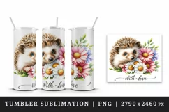 Watercolor cute hedgehog bouquet daisies With Love quote Valentine Day print 20oz tumbler skinny mug wrap clipart t-shirt sublimation printable design
