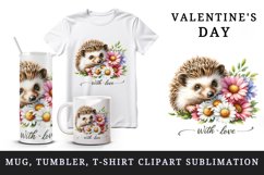 Watercolor cute hedgehog bouquet daisies With Love quote Valentine Day print 20oz tumbler skinny mug wrap clipart t-shirt sublimation printable design