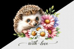 Watercolor cute hedgehog bouquet daisies With Love quote Valentine Day print 20oz tumbler skinny mug wrap clipart t-shirt sublimation printable design