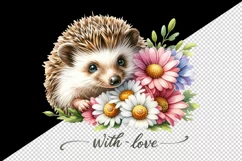 Watercolor cute hedgehog bouquet daisies With Love quote Valentine Day print 20oz tumbler skinny mug wrap clipart t-shirt sublimation printable design