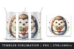 Watercolor cute hedgehog bouquet wildflowers heart Love Valentine Day print 20 oz tumbler skinny mug wrap clipart t-shirt sublimation printable design