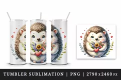 Watercolor cute hedgehog bouquet wildflowers heart Love Valentine Day print 20 oz tumbler skinny mug wrap clipart t-shirt sublimation printable design