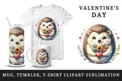 Watercolor cute hedgehog bouquet wildflowers heart Love Valentine Day print 20 oz tumbler skinny mug wrap clipart t-shirt sublimation printable design