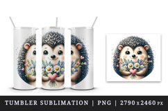 Watercolor cute hedgehog bouquet wildflowers heart Love Valentine Day print 20 oz tumbler skinny mug wrap clipart t-shirt sublimation printable design