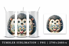 Watercolor cute hedgehog bouquet wildflowers heart Love Valentine Day print 20 oz tumbler skinny mug wrap clipart t-shirt sublimation printable design