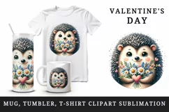 Watercolor cute hedgehog bouquet wildflowers heart Love Valentine Day print 20 oz tumbler skinny mug wrap clipart t-shirt sublimation printable design