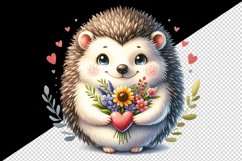 Watercolor cute hedgehog bouquet wildflowers heart Love Valentine Day print 20 oz tumbler skinny mug wrap clipart t-shirt sublimation printable design